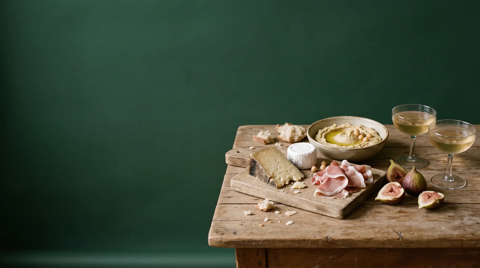 Aged cheese, a round of soft cheese, cured ham, hummus, figs and two coupes on an old wooden table