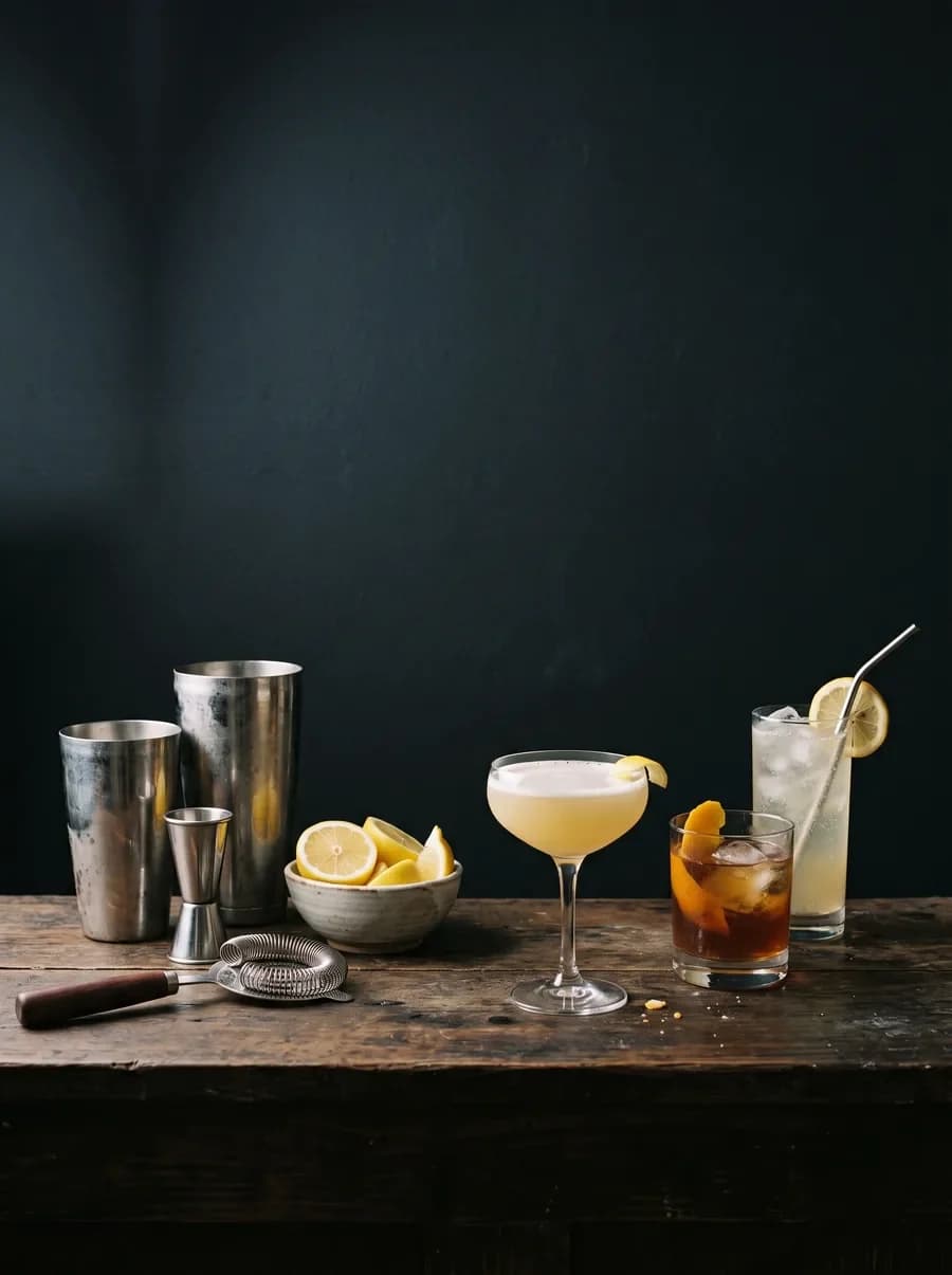A bartender’s station with a shaker, a jigger, lemons and three finished cocktails