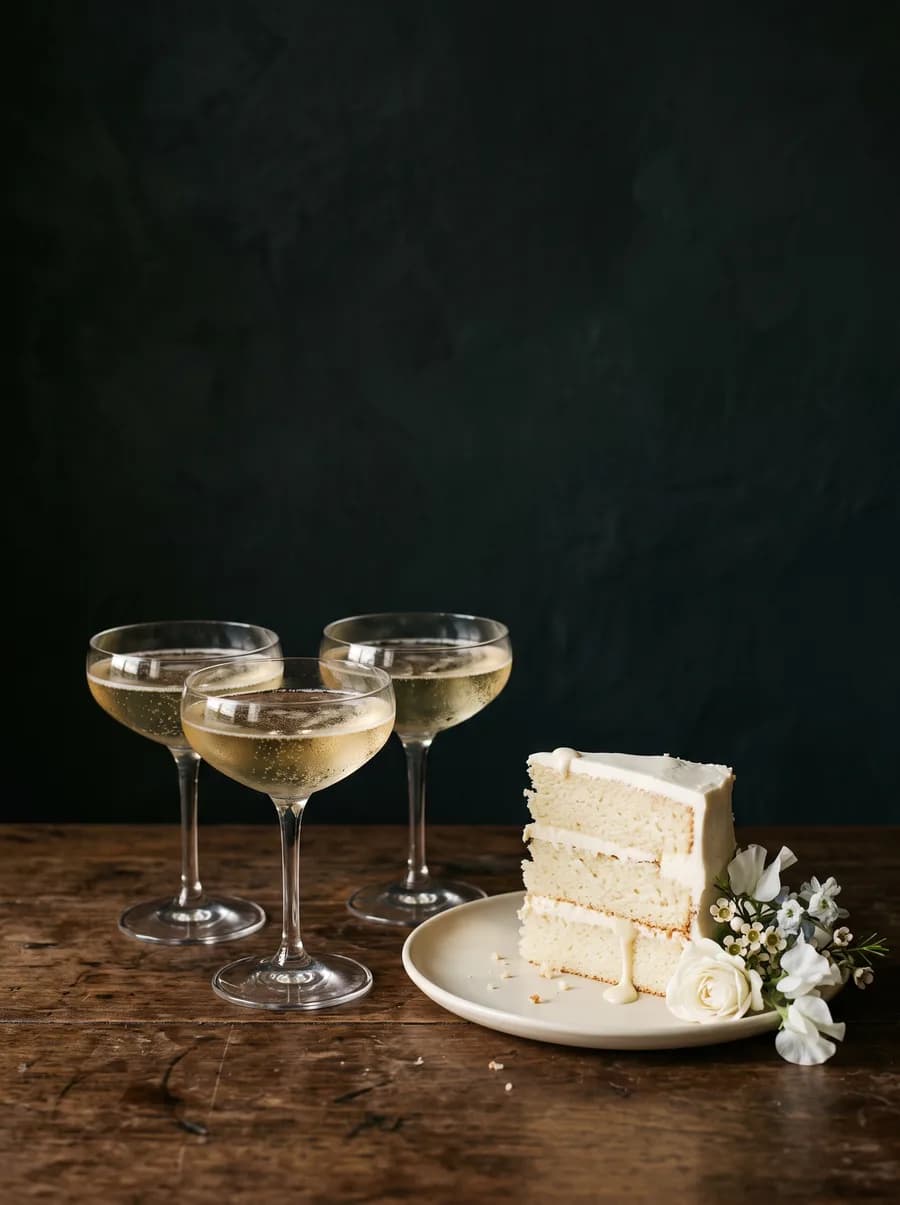 Three coupes of champagne beside a slice of white wedding cake