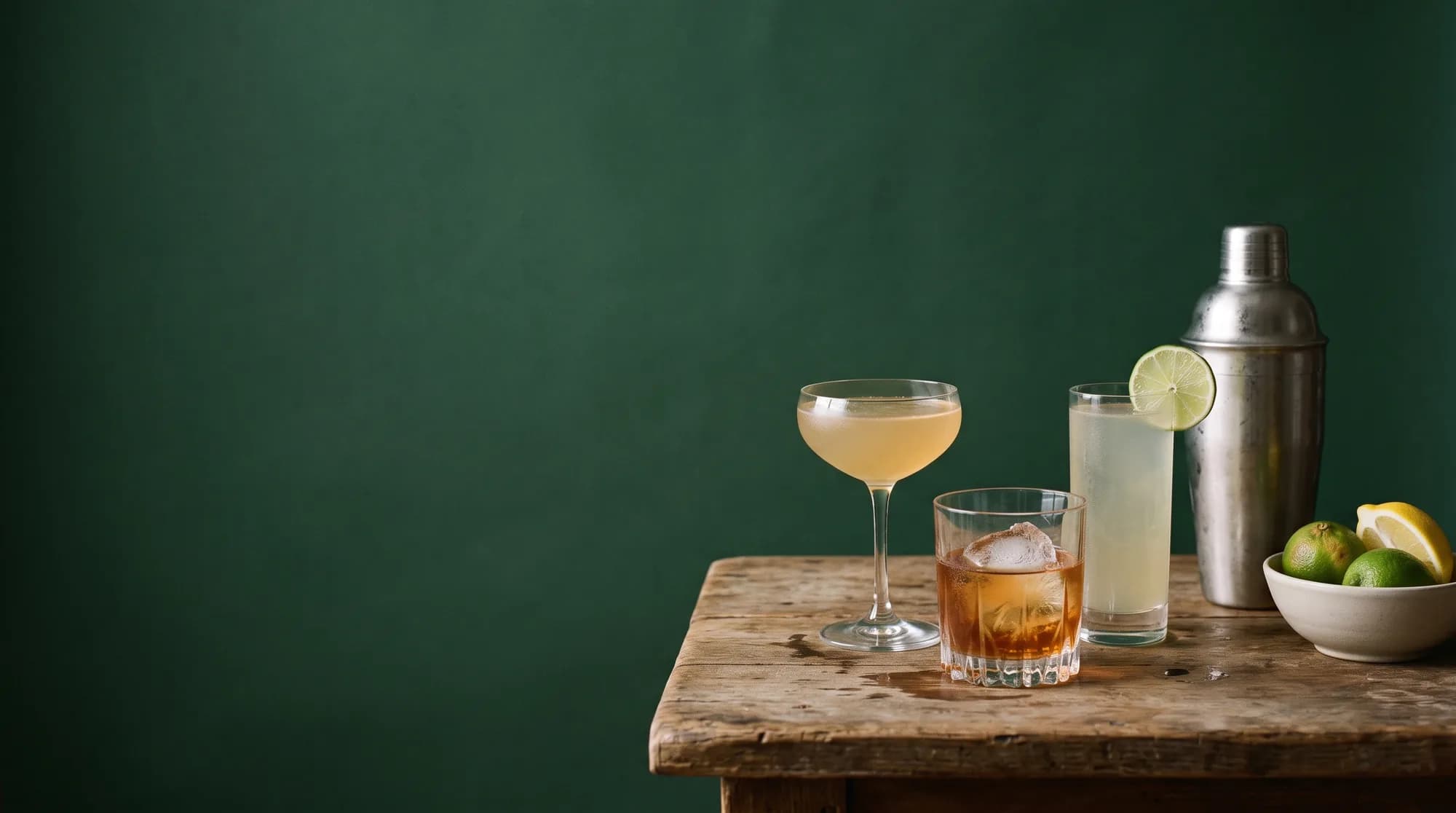 Three cocktails, a steel shaker and a bowl of limes on an old wooden table