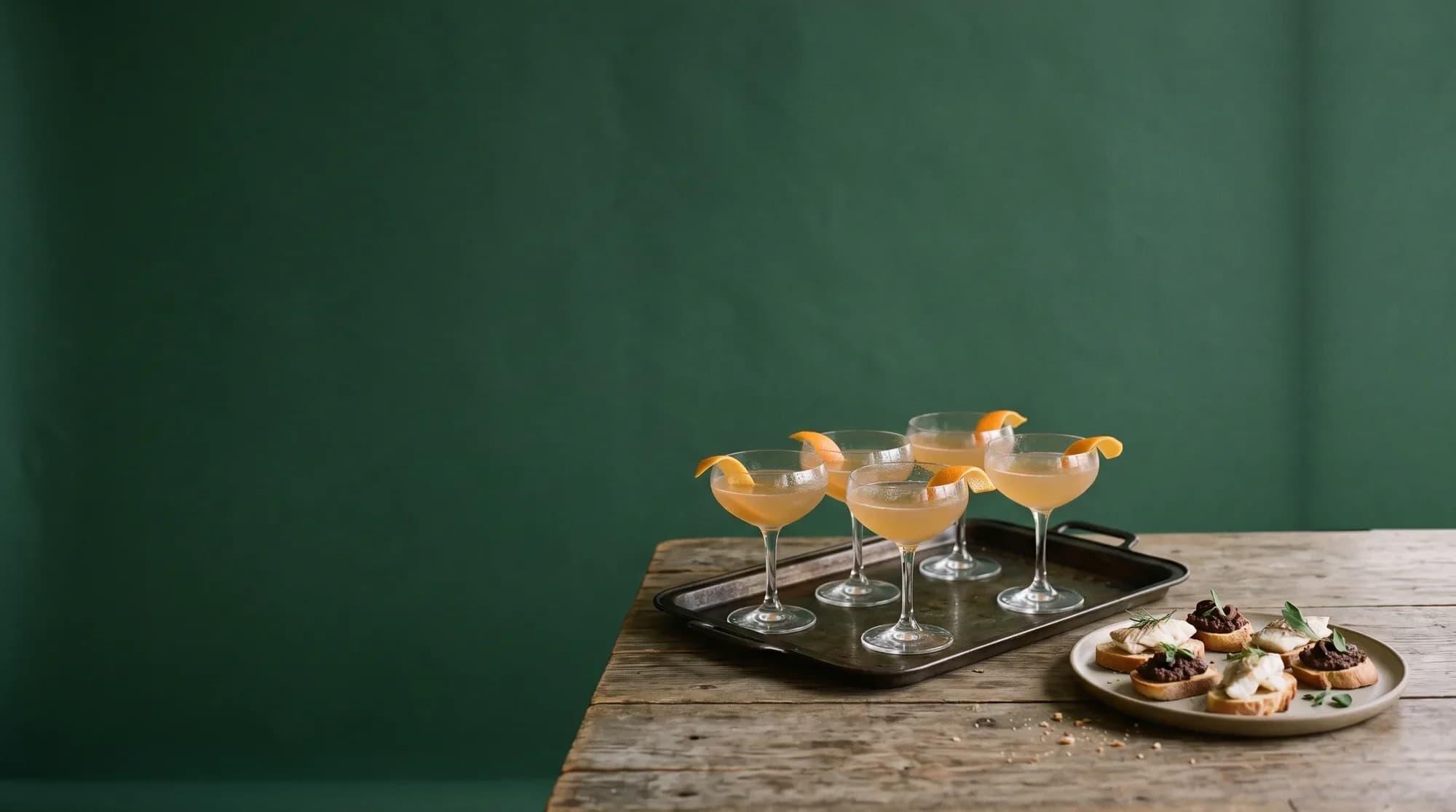 A tray of six cocktails with orange twists beside a plate of crostini