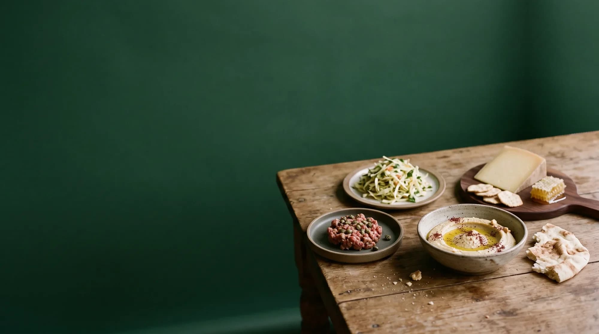 Hummus with flatbread, beef tartare, coleslaw and a board of cheese with honeycomb on a wooden table