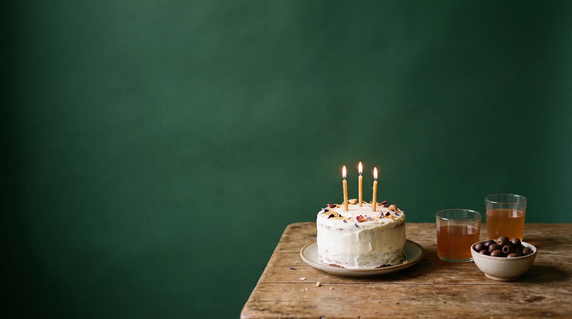 A birthday cake with lit candles, two glasses of an amber drink and a bowl of olives