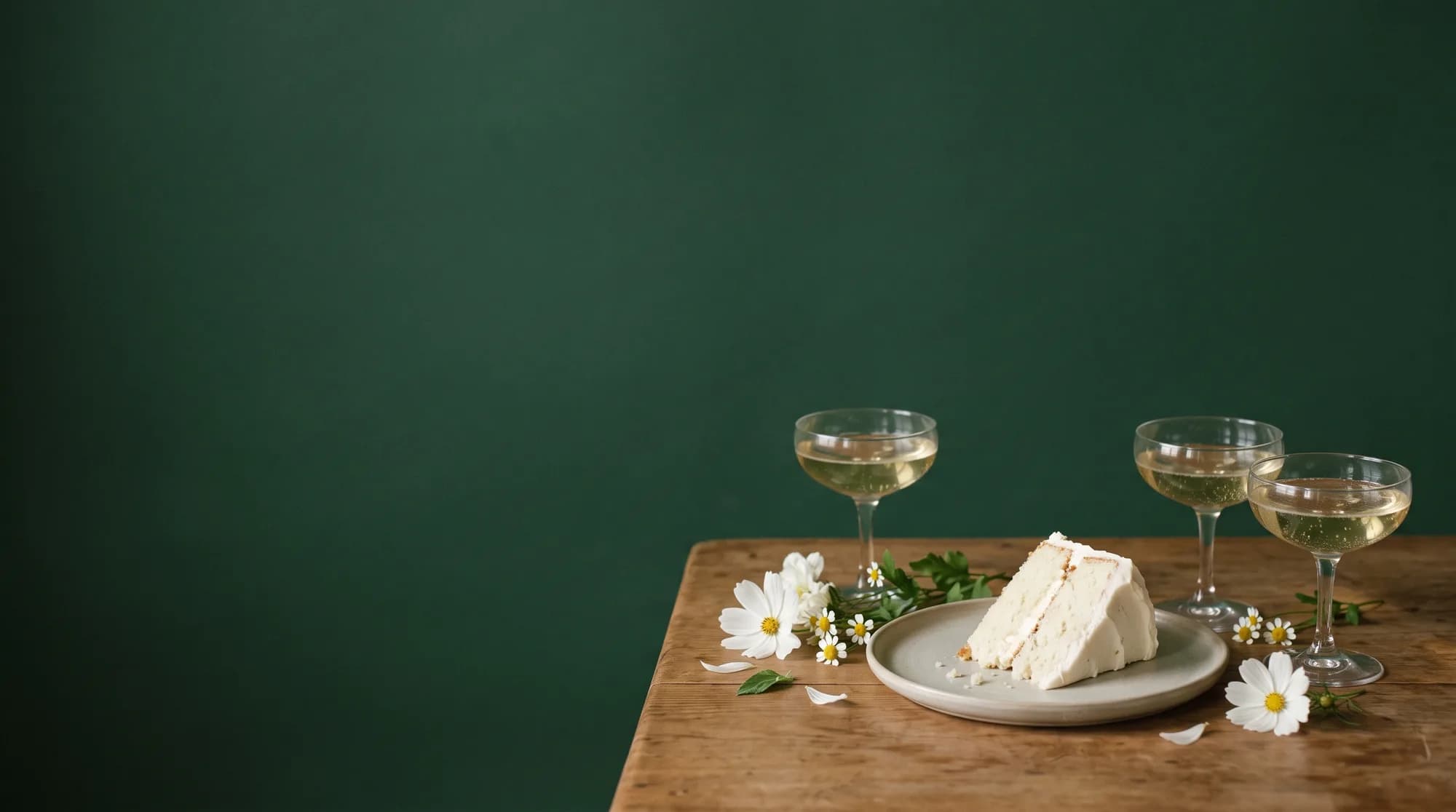 Coupes of sparkling wine beside a slice of white wedding cake and a few daisies